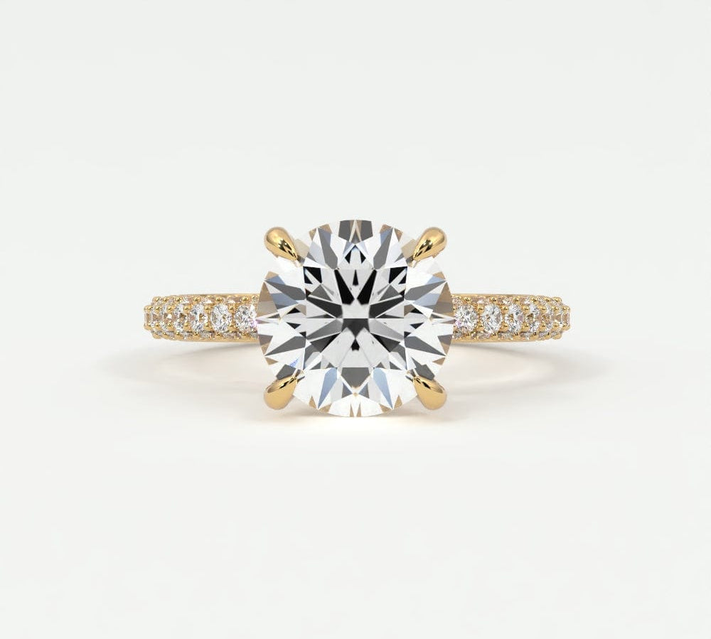 Rings 14K Yellow Gold / 7 Round Brilliant Pave Diamond Hidden Halo Triple Row Band, 360