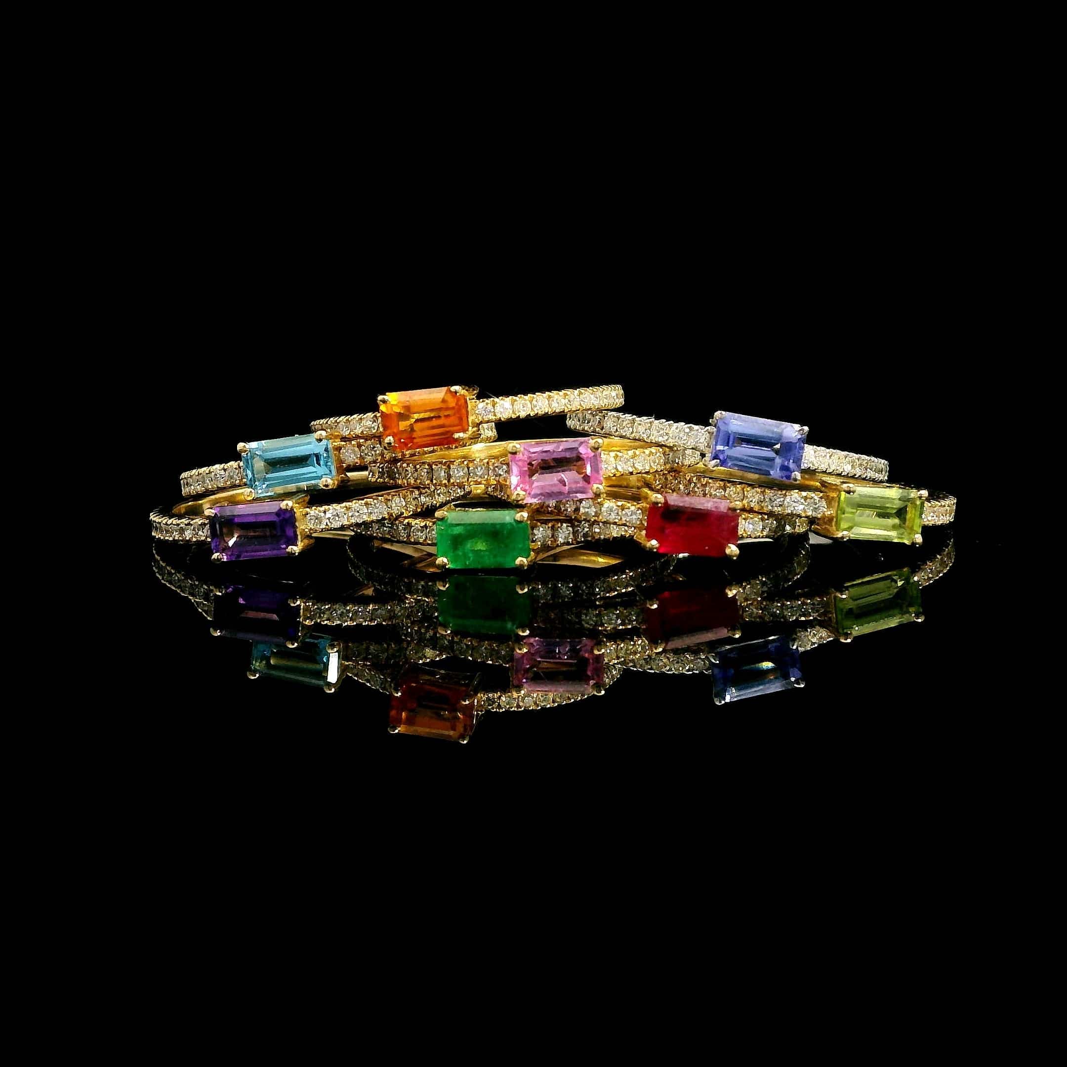 Rings 18K Gold Babycake East West Colored Gemstone Baguette And Diamond Ring
