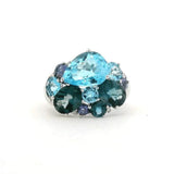 Rings 18K Gold Blue, Teal Topaz and Diamond Cluster Ring