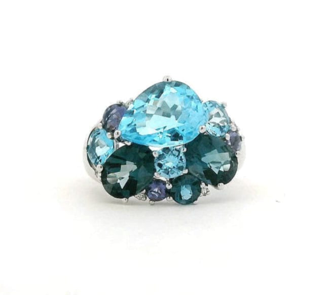 Rings 18K Gold Blue, Teal Topaz and Diamond Cluster Ring