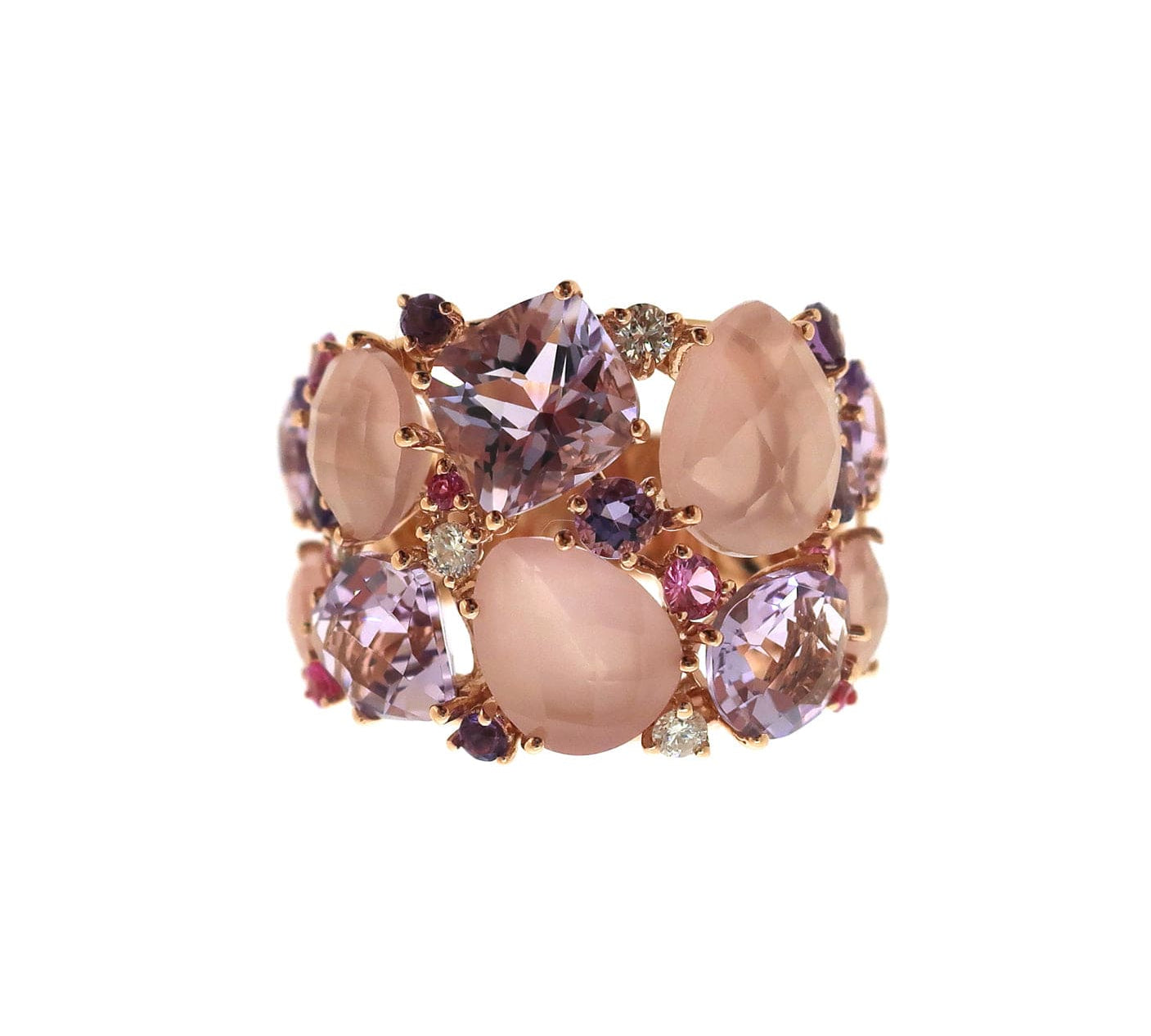 Rings 18K Gold Pink, Rose Topaz, Quartz and Diamond Cluster Ring