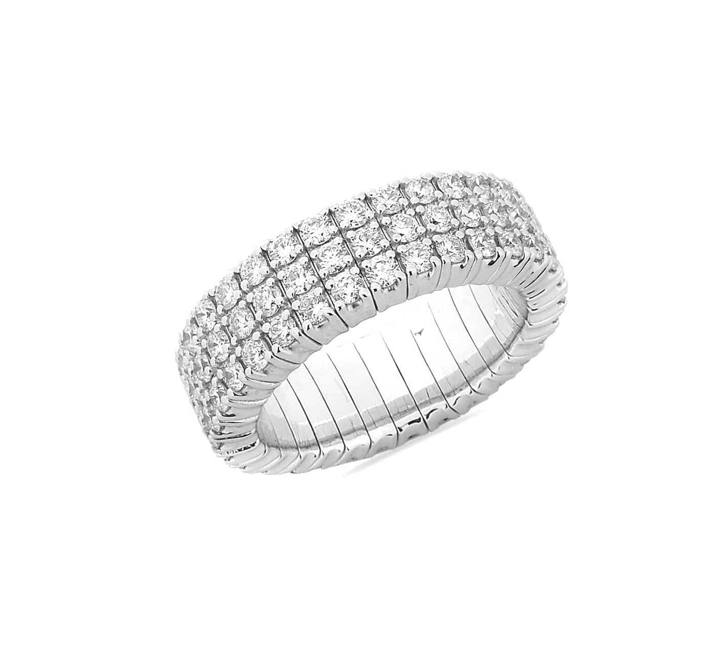 Rings 18K Gold Stretch White Round Three Row Diamond Eternity Rings