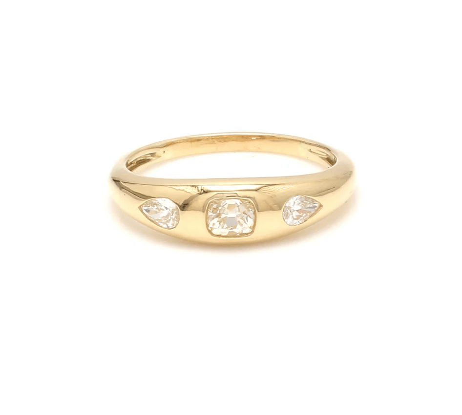 Rings 6 / Rose Gold / 14K 14K & 18K Gold Cushion Cut Diamond and Pear Cut Diamond Dome Ring