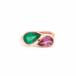 Rings 6 / Rose Gold / 14K 14K & 18K Gold East West Emerald and Pink Sapphire Pear Double Stone Ring
