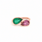 Rings 6 / Rose Gold / 14K 14K & 18K Gold East West Emerald and Pink Sapphire Pear Double Stone Ring