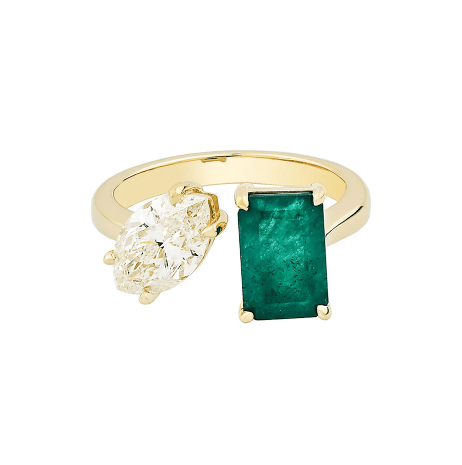 Rings 6 / Rose Gold / 14K 14K & 18K Gold Emerald and Marquise Cut Diamond Ring, Lab Grown Diamond