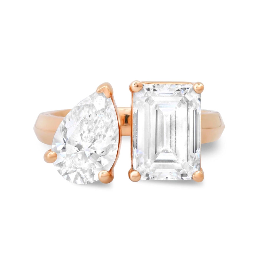 Rings 6 / Rose Gold / 14K 14K & 18K Gold Emerald Cut and Pear Cut Double Diamond Ring, Lab Grown