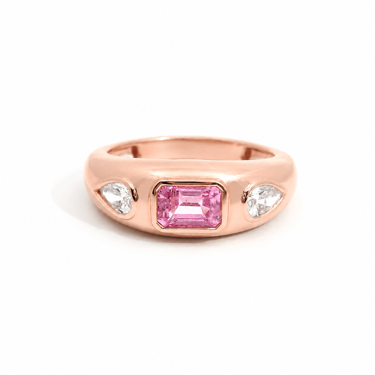 Rings 6 / Rose Gold / 14K 14K & 18K Gold Emerald Cut Pink Sapphire & Diamond Dome Ring