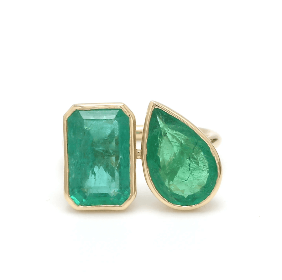 Rings 6 / Rose Gold / 14K 14K & 18K Gold Emerald Double Stone Bezel Ring, Emerald & Pear cuts