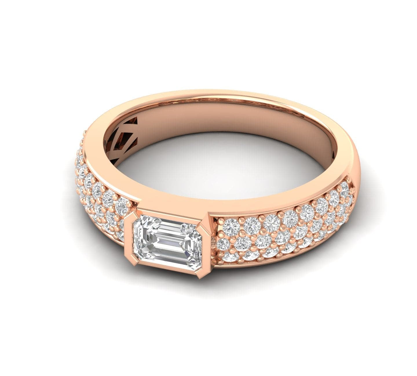 Rings 6 / Rose Gold / 14K 14K & 18K Gold Horizontal Emerald Cut Diamond with Micro-Pave Diamond Ring, Lab Grown