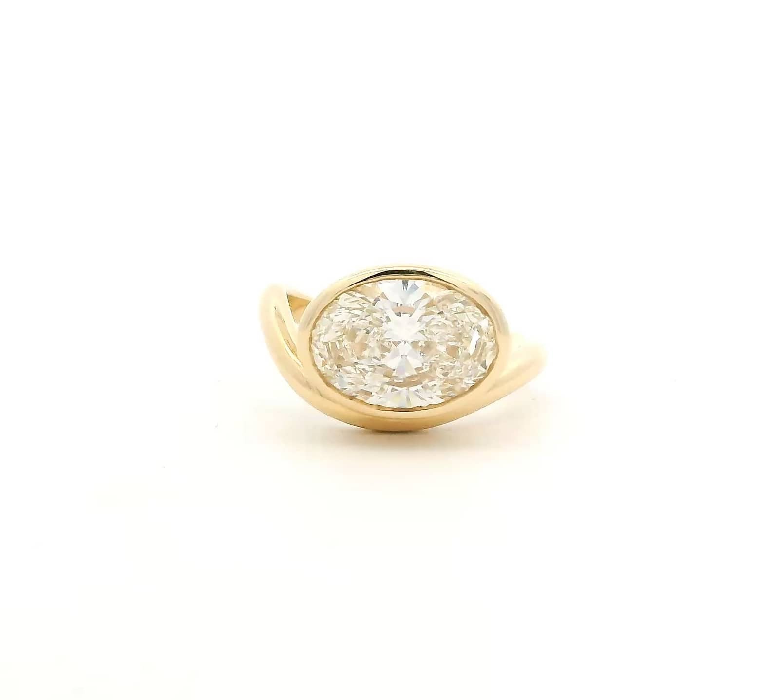 Rings 6 / Rose Gold / 14K 14K and 18K Gold Bezel Oval Diamond Wave Ring, Lab Grown