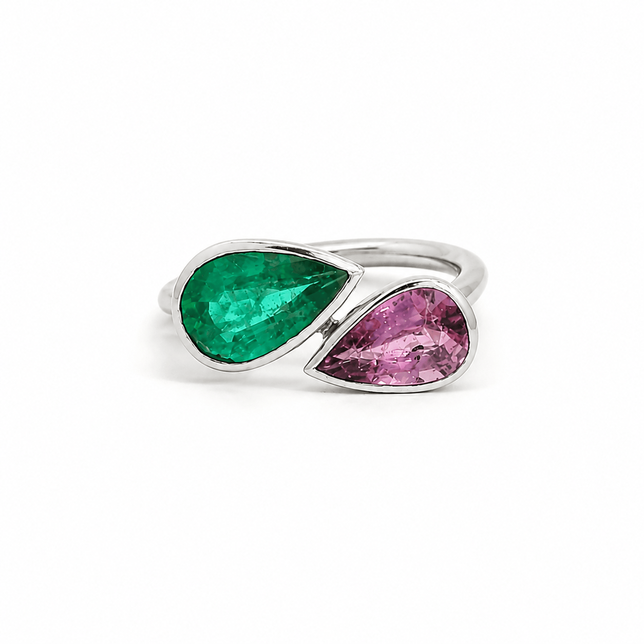 Rings 6 / White Gold / 14K 14K & 18K Gold East West Emerald and Pink Sapphire Pear Double Stone Ring