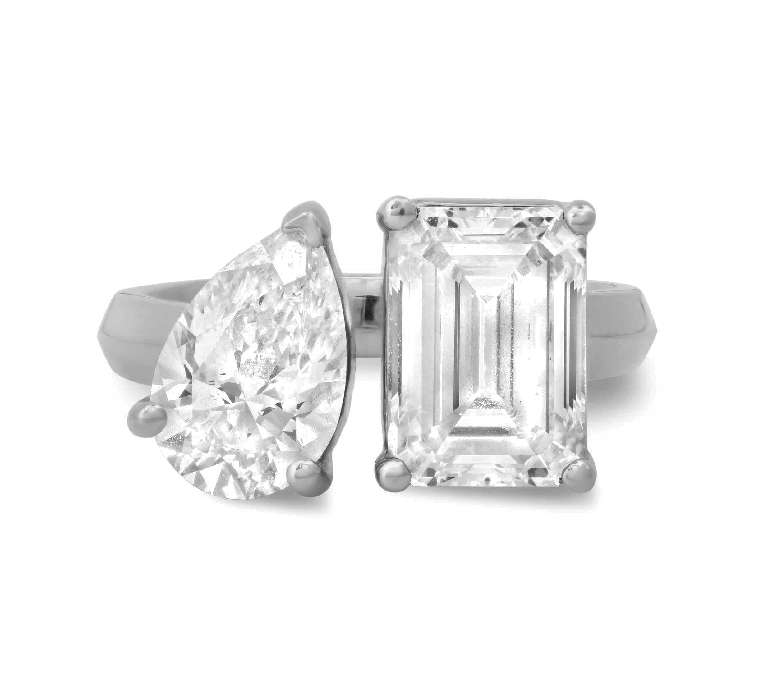 Rings 6 / White Gold / 14K 14K & 18K Gold Emerald Cut and Pear Cut Double Diamond Ring, Lab Grown
