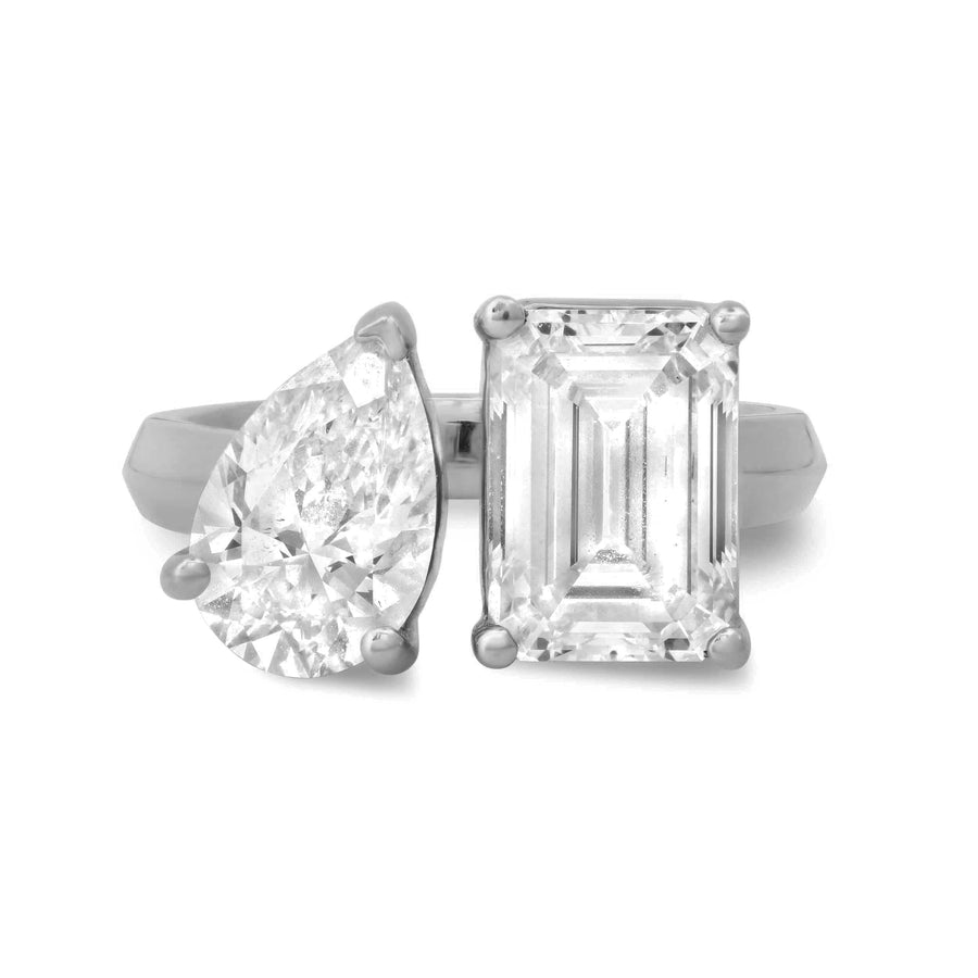 Rings 6 / White Gold / 14K 14K & 18K Gold Emerald Cut and Pear Cut Double Diamond Ring, Lab Grown