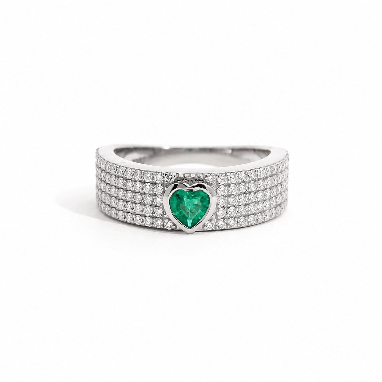 Rings 6 / White Gold / 14K 14K & 18K Gold Heart Emerald and Pave Diamond Ring