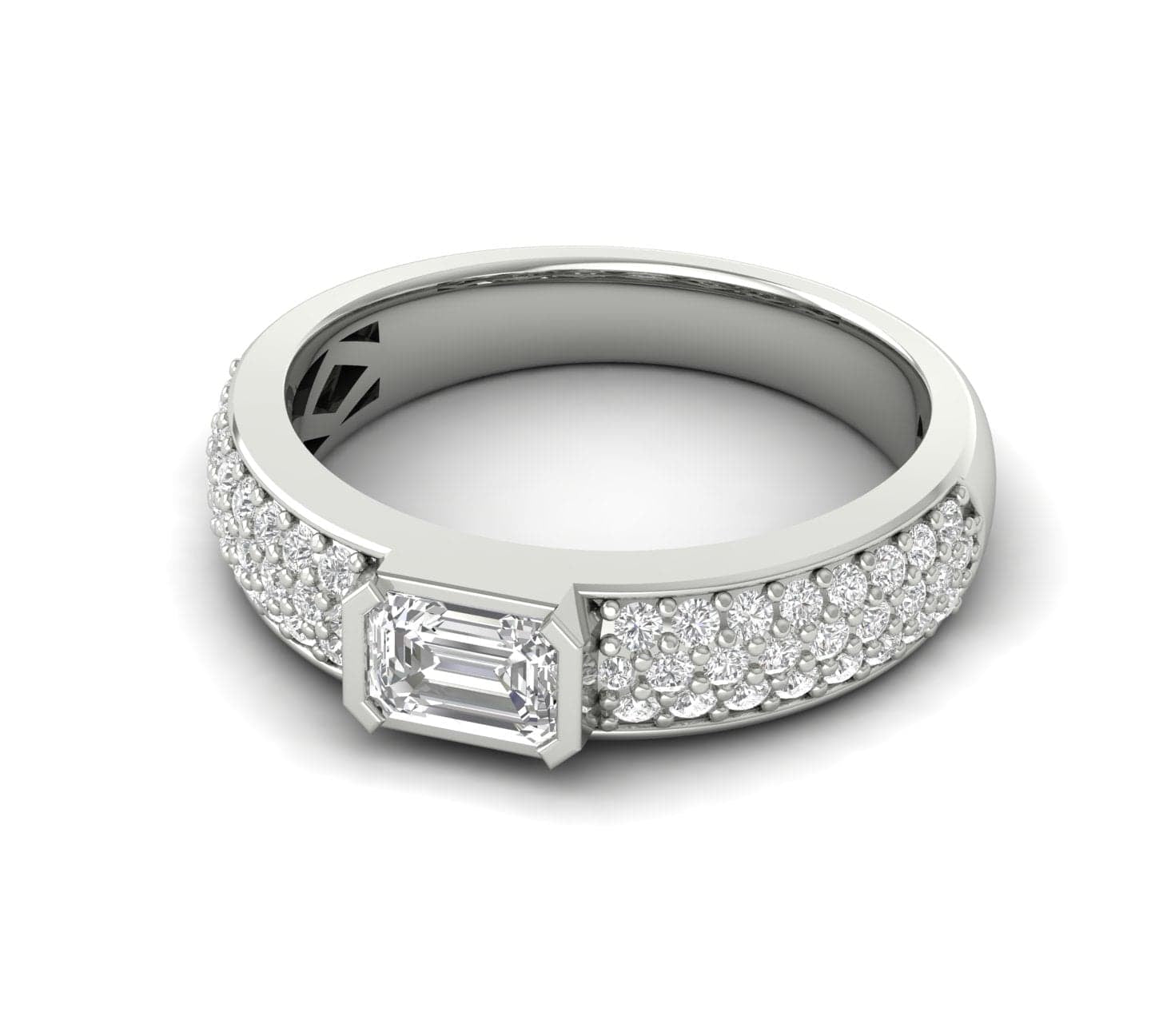 Rings 6 / White Gold / 14K 14K & 18K Gold Horizontal Emerald Cut Diamond with Micro-Pave Diamond Ring, Lab Grown