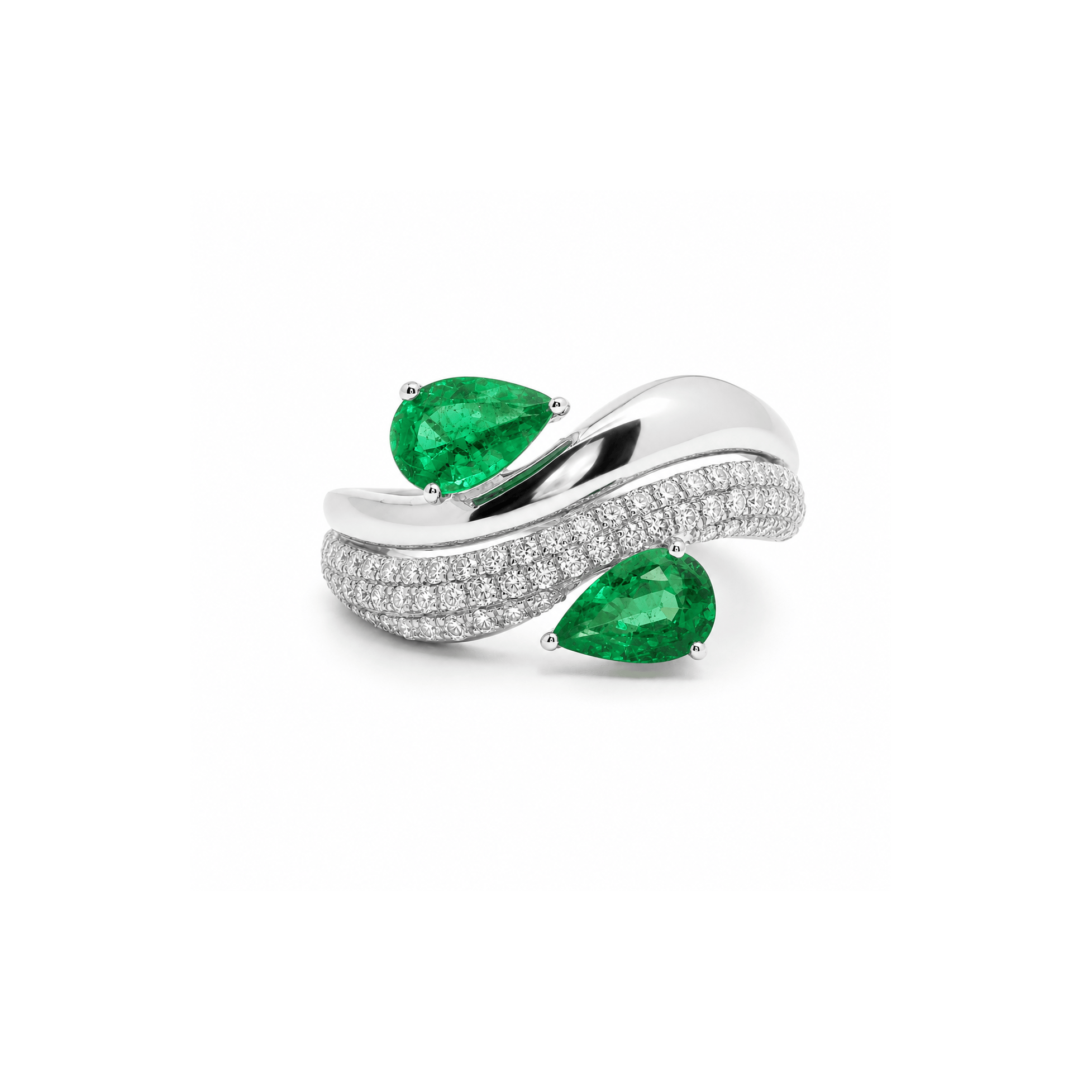 Rings 6 / White Gold 18K Gold East West Micro-Pave Double Pear Emerald And Diamond Wave Ring