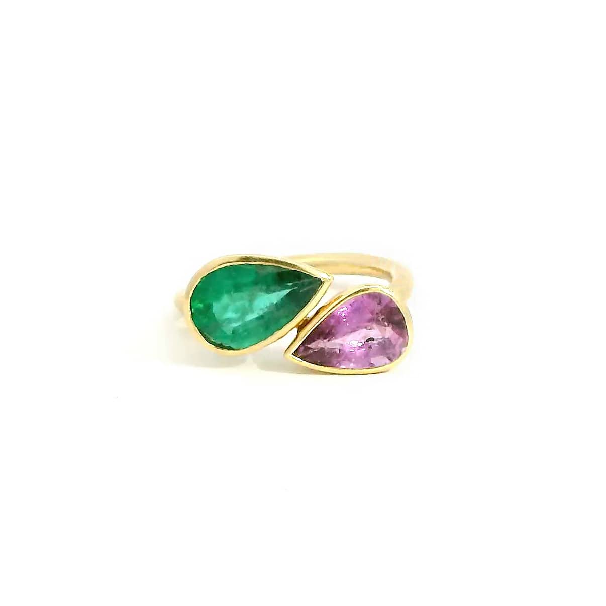 Rings 6 / Yellow Gold / 14K 14K & 18K Gold East West Emerald and Pink Sapphire Pear Double Stone Ring