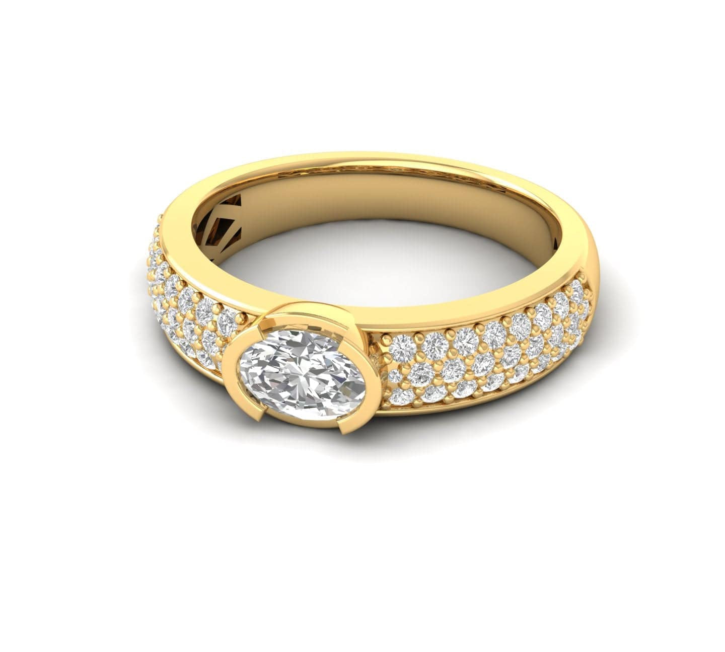 Rings 6 / Yellow Gold / 14K 14K & 18K Gold East West Oval Diamond with Micro-Pave Diamond Ring, Lab Grown