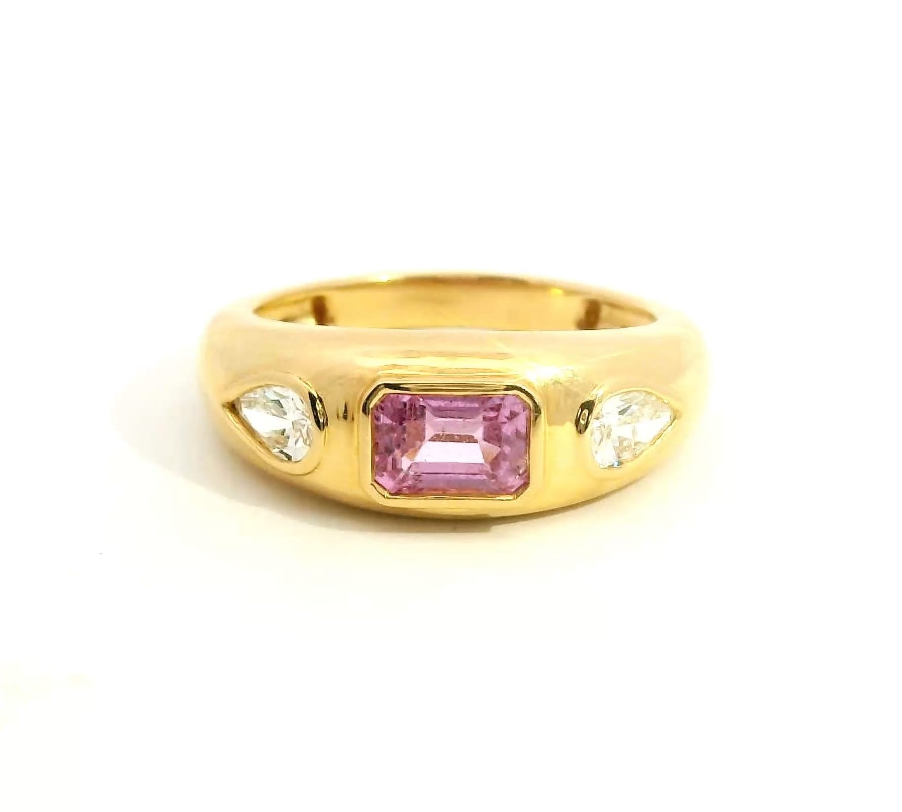 Rings 6 / Yellow Gold / 14K 14K & 18K Gold Emerald Cut Pink Sapphire & Diamond Dome Ring