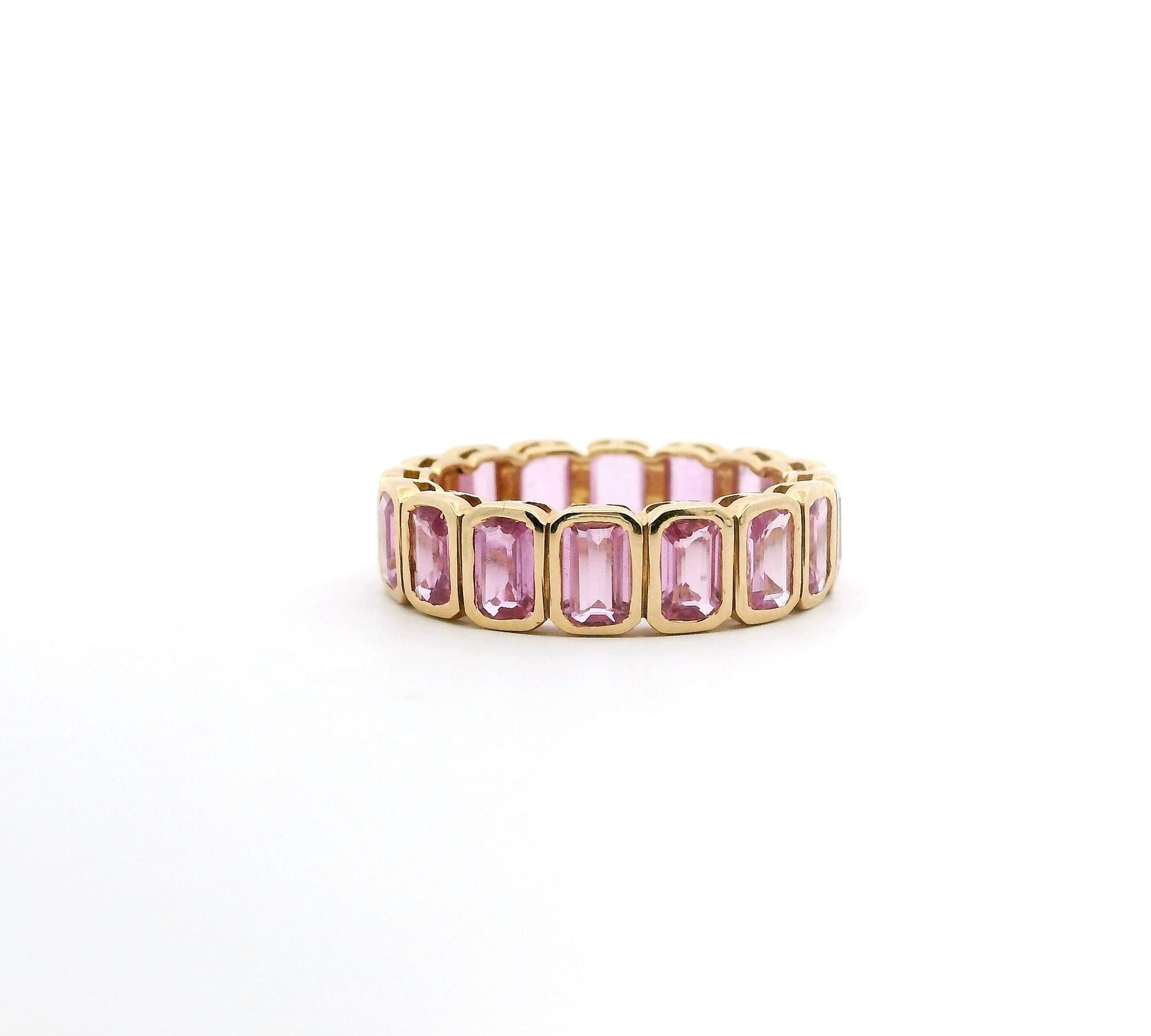 Rings 6 / Yellow Gold / 14K 14K & 18K Gold Emerald Cut Pink Sapphire Eternity  Ring, Bezel Set