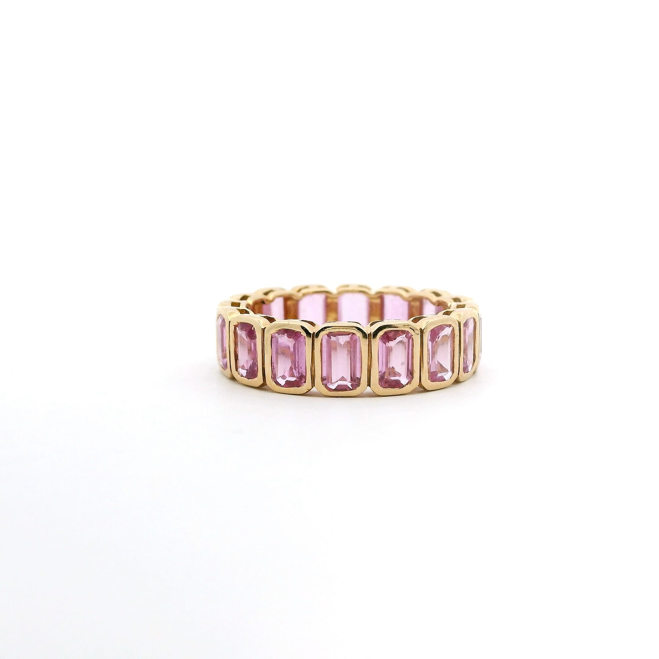 Rings 6 / Yellow Gold / 14K 14K & 18K Gold Emerald Cut Pink Sapphire Eternity  Ring, Bezel Set