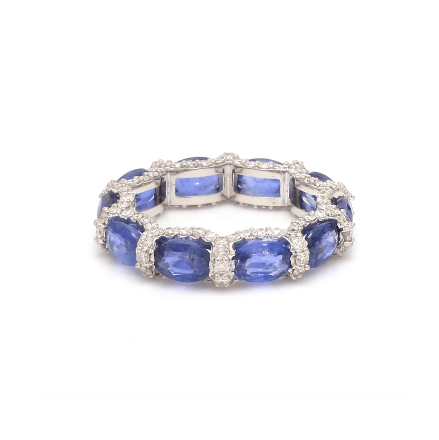 Rings 6 / Yellow Gold / 14K 14K or 18K Gold Blue Sapphire and Pave 360 Diamond Eternity Band