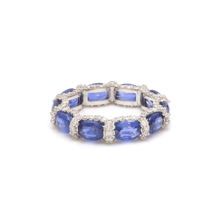 Rings 6 / Yellow Gold / 14K 14K or 18K Gold Blue Sapphire and Pave 360 Diamond Eternity Band