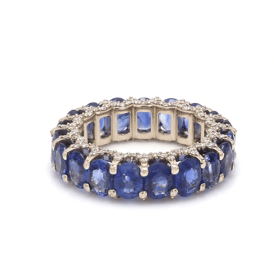Rings 6 / Yellow Gold / 14K 14K or 18K Gold blue Sapphire and Pave Diamond Eternity Band