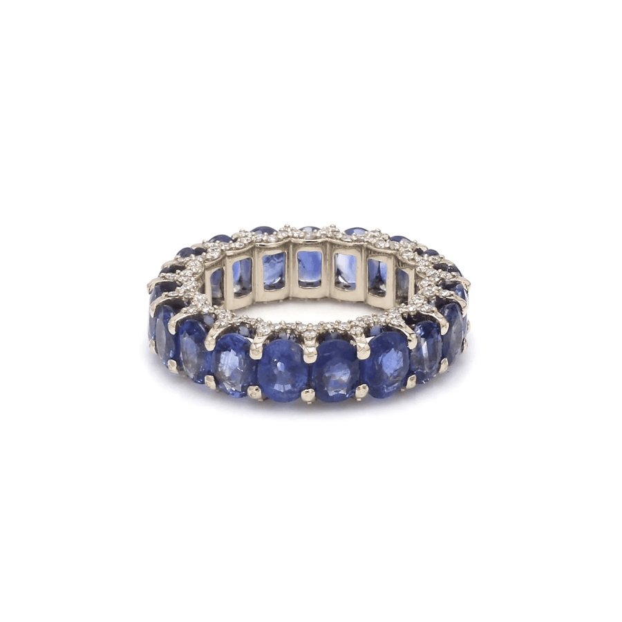 Rings 6 / Yellow Gold / 14K 14K or 18K Gold blue Sapphire and Pave Diamond Eternity Band