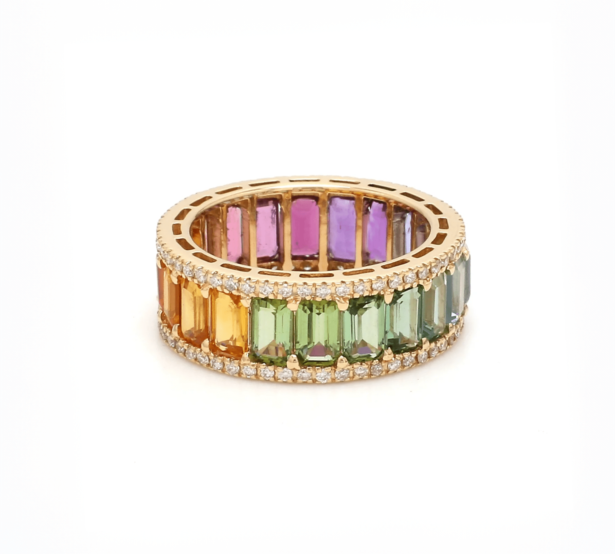 Rings 6 / Yellow Gold / 14K 14K or 18K Gold Cushion Cut Rainbow Sapphire and double Pave Diamond Eternity Band