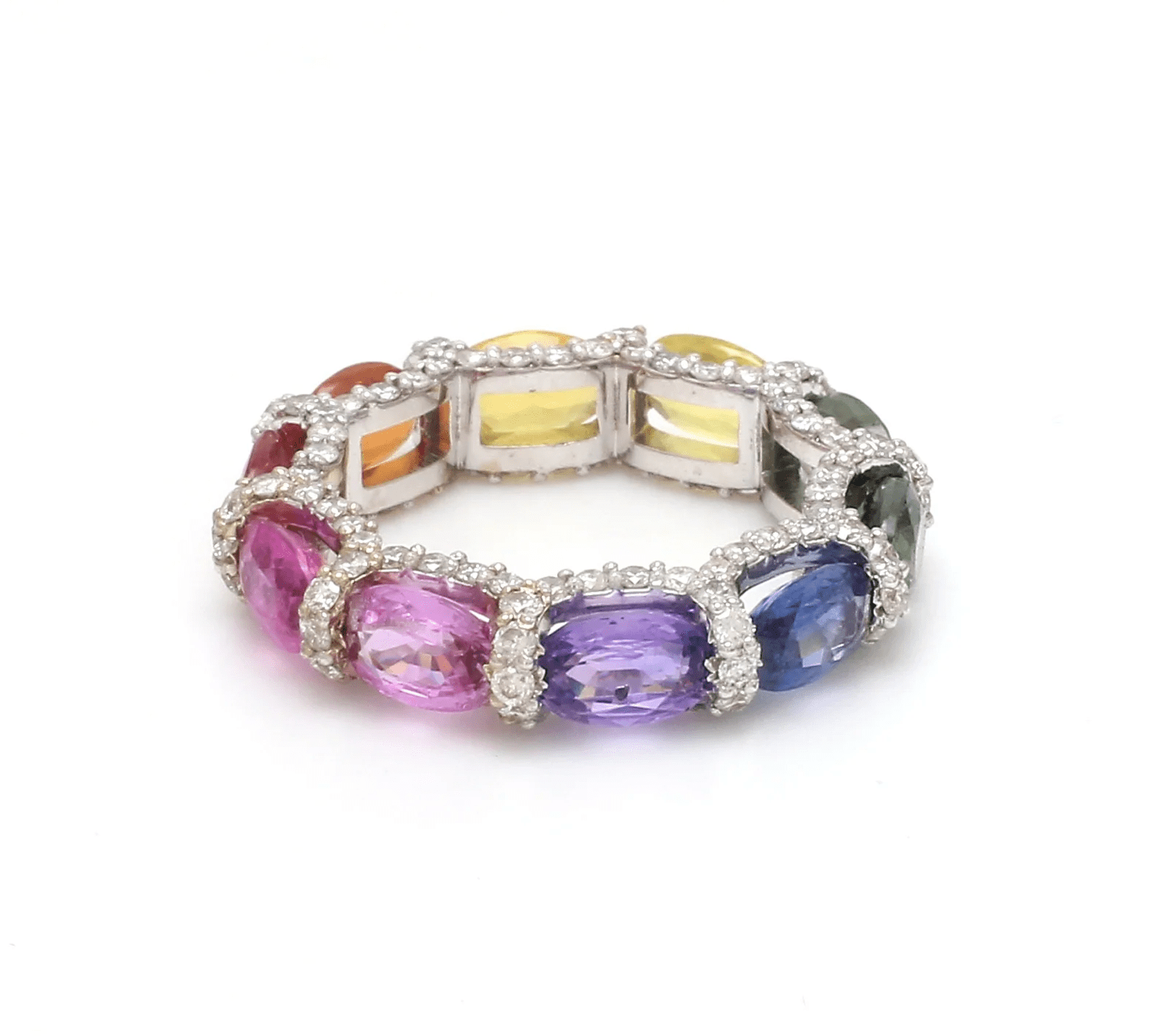 Rings 6 / Yellow Gold / 14K 14K or 18K Gold Oval East West Rainbow Sapphire and Pave 360 Diamond Eternity Band