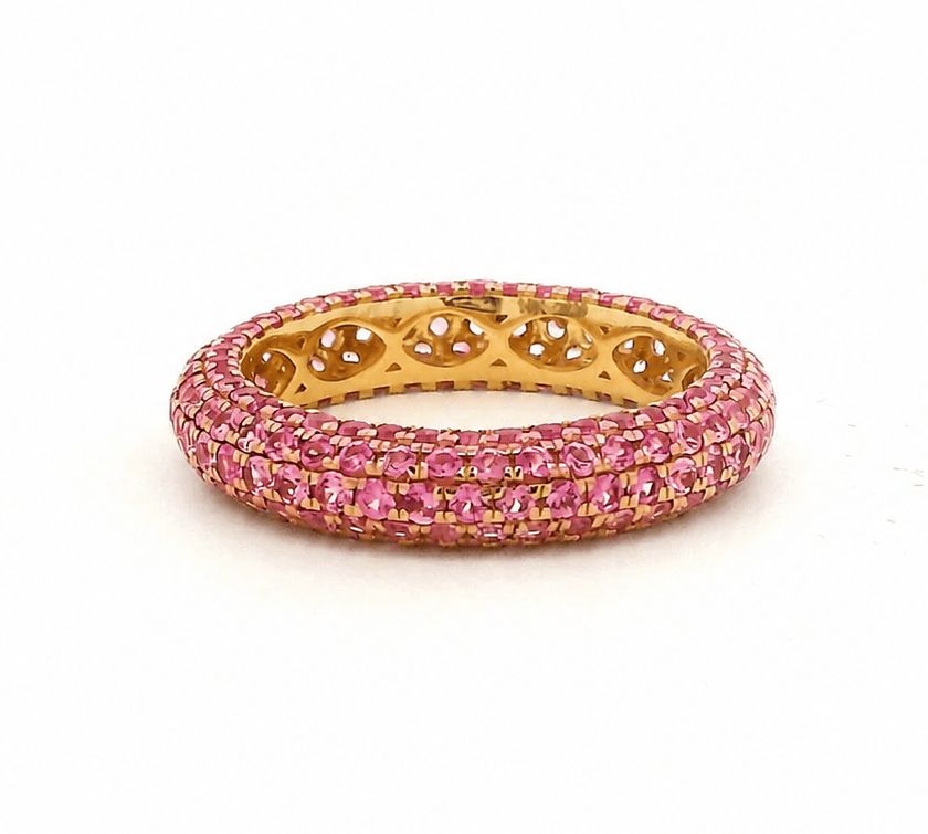 Rings 6 / Yellow Gold / 14K 14K or 18K Gold Pave Deep Pink Sapphire Inside Outside Dome Eternity Band
