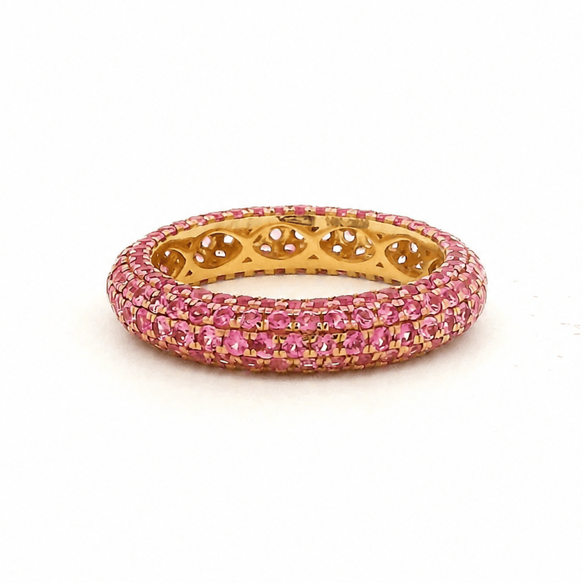 Rings 6 / Yellow Gold / 14K 14K or 18K Gold Pave Deep Pink Sapphire Inside Outside Dome Eternity Band