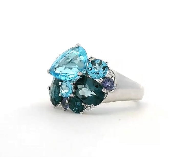Rings 6 / Yellow Gold / 18K 18K Gold Blue, Teal Topaz and Diamond Cluster Ring, Medium Band