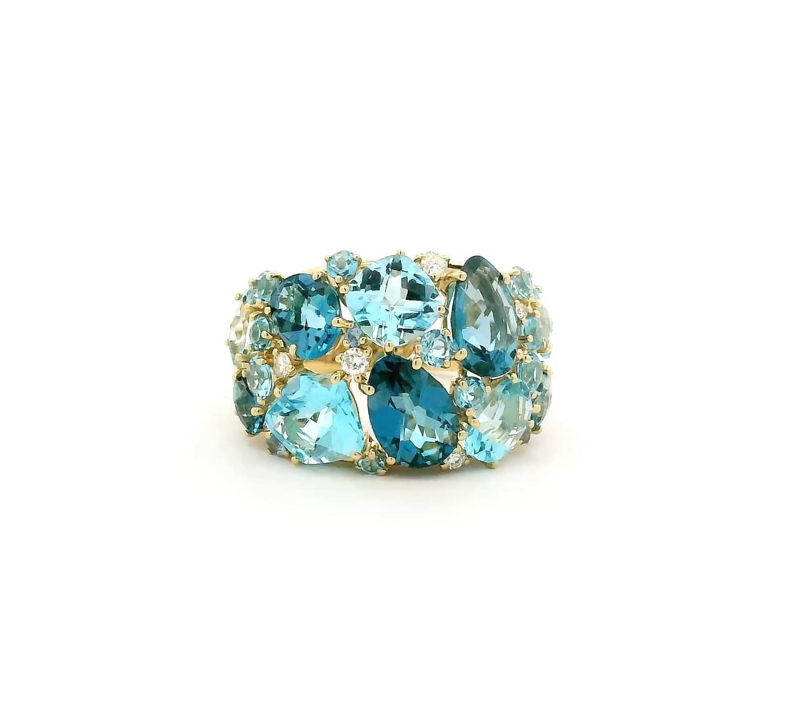 Rings 6 / Yellow Gold / 18K 18K Gold Blue Topaz, London Blue Topaz, Blue Sapphire and Diamond Cluster Ring, Medium Band