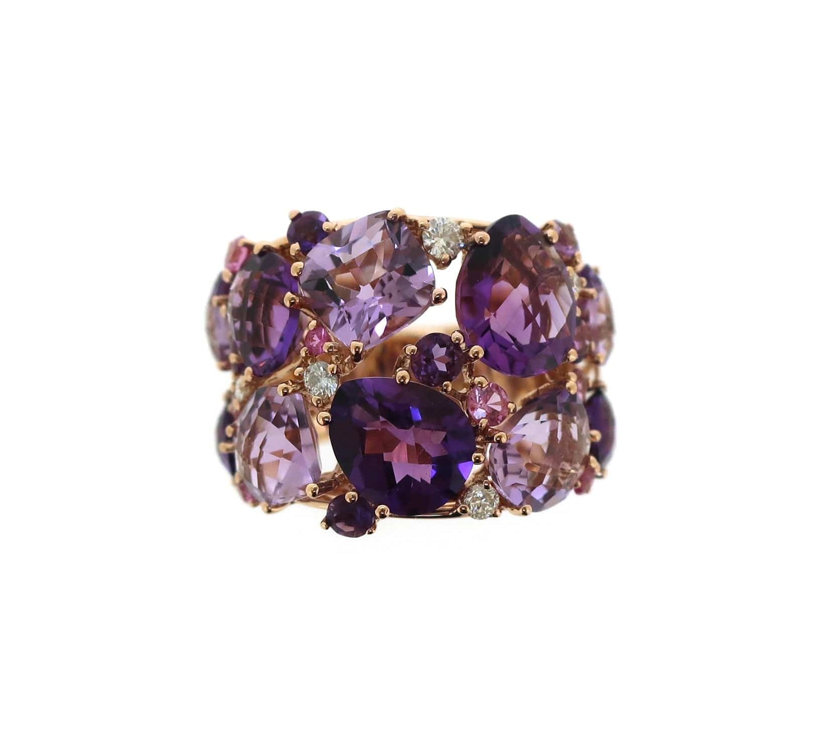 Rings 6 / Yellow Gold / 18K 18K Gold Purple, Rose Topaz, Quartz and Diamond Cluster Ring