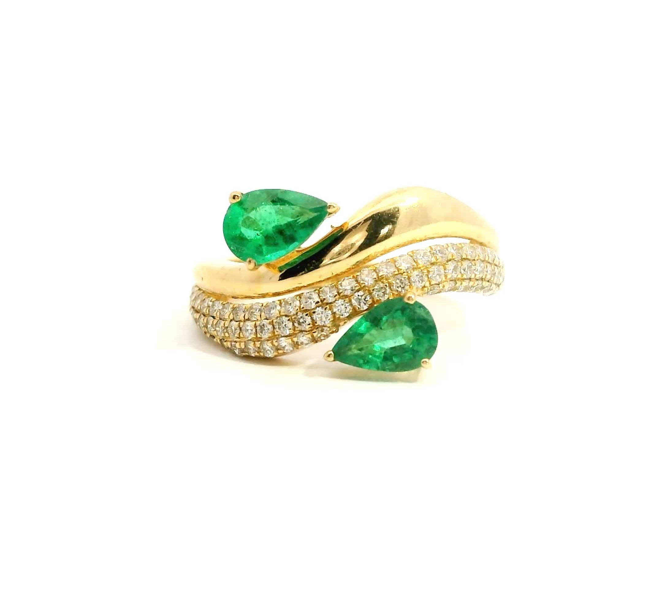 Rings 6 / Yellow Gold 18K Gold East West Micro-Pave Double Pear Emerald And Diamond Wave Ring