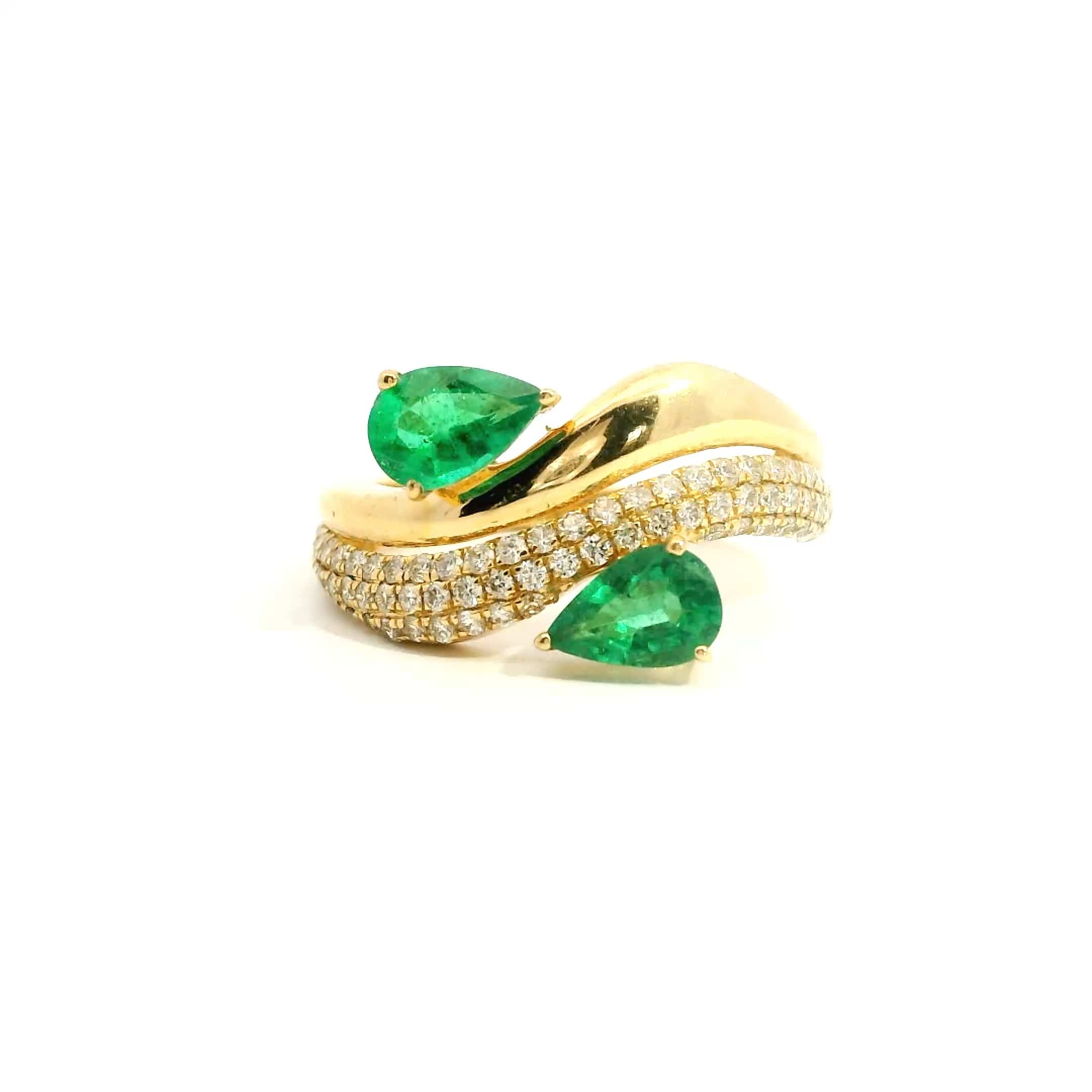 Rings 6 / Yellow Gold 18K Gold East West Micro-Pave Double Pear Emerald And Diamond Wave Ring