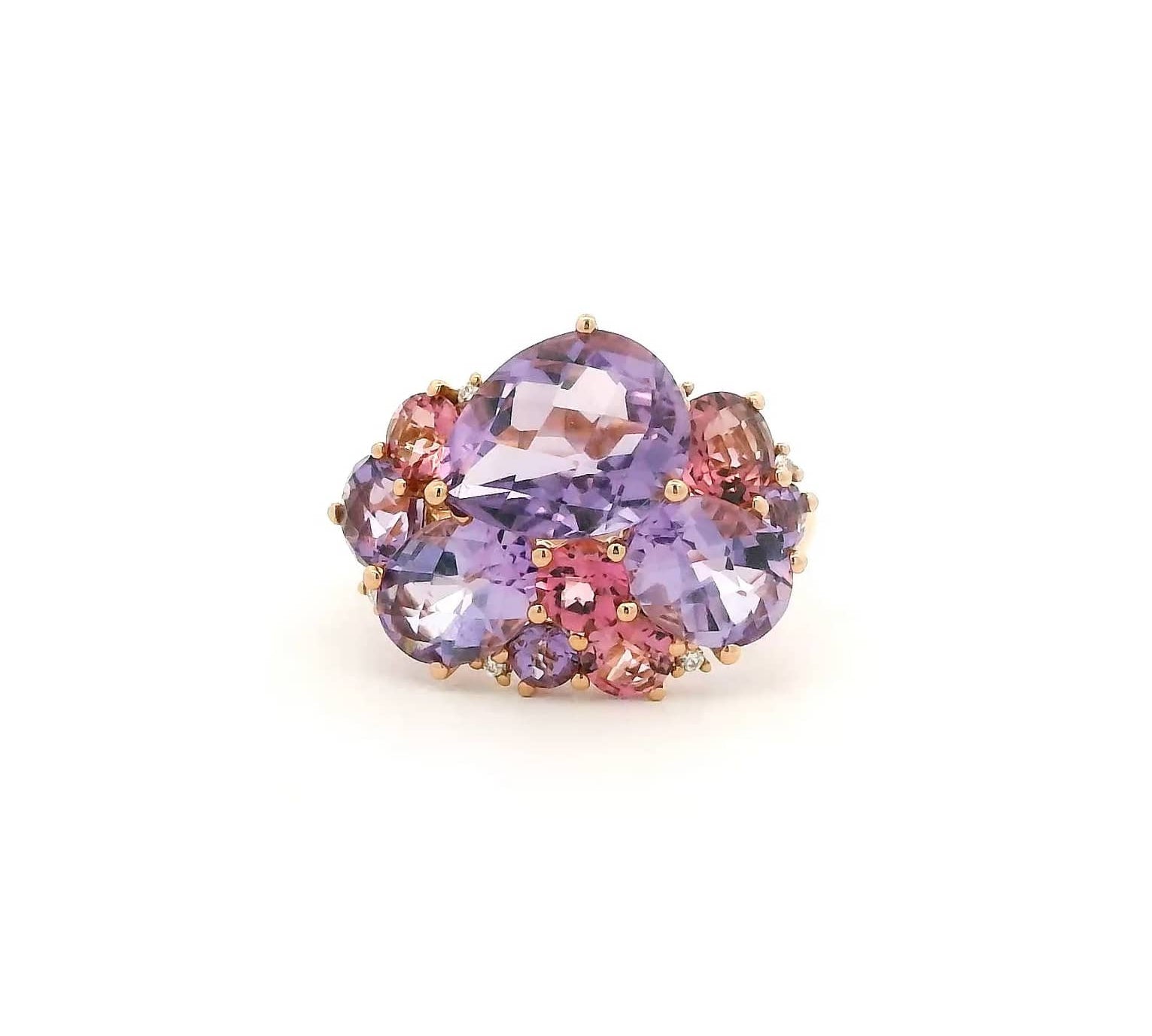 Rings 6 / Yellow Gold / 18K Pink and Purple Amythest and Diamond Cluster Ring