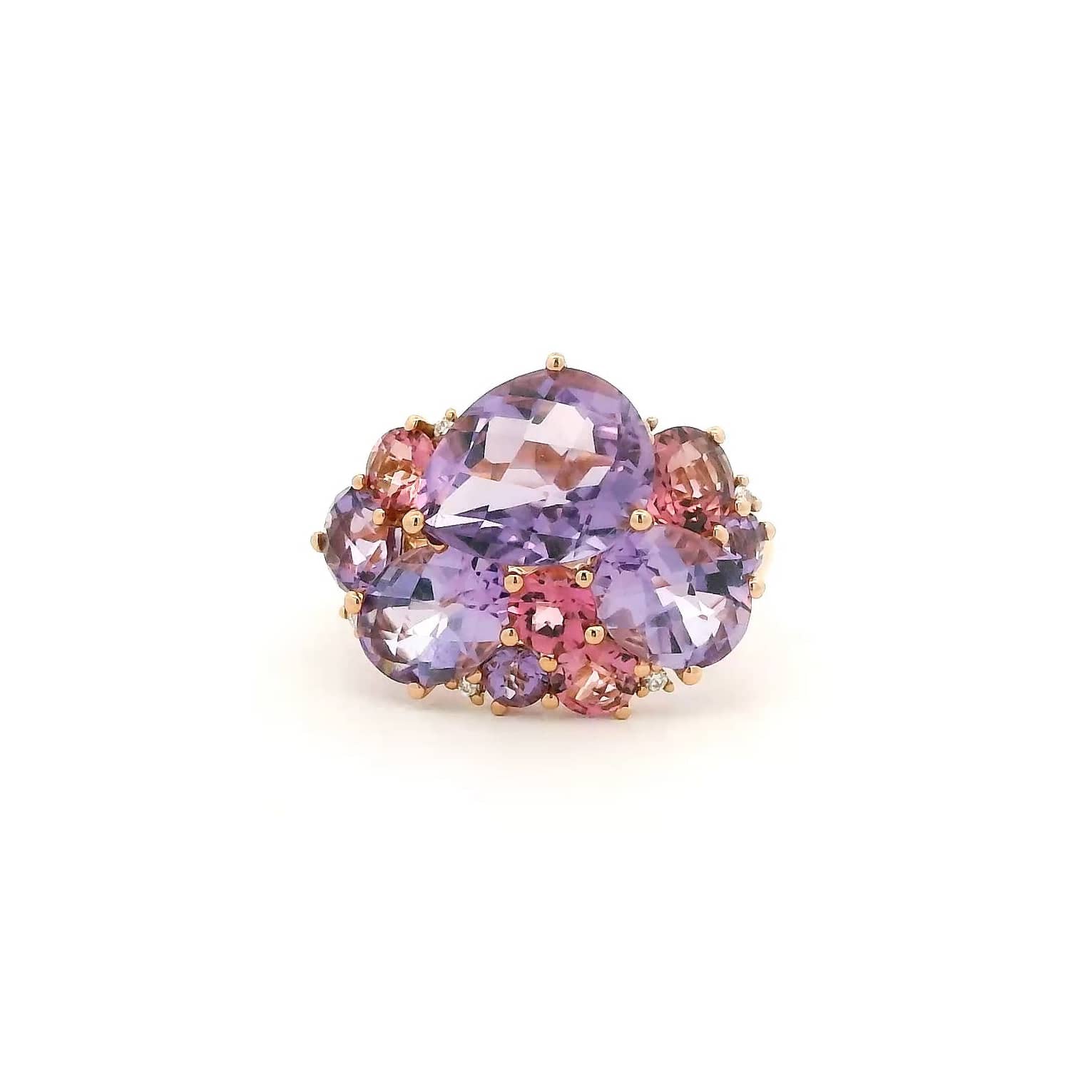 Rings 6 / Yellow Gold / 18K Pink and Purple Amythest and Diamond Cluster Ring