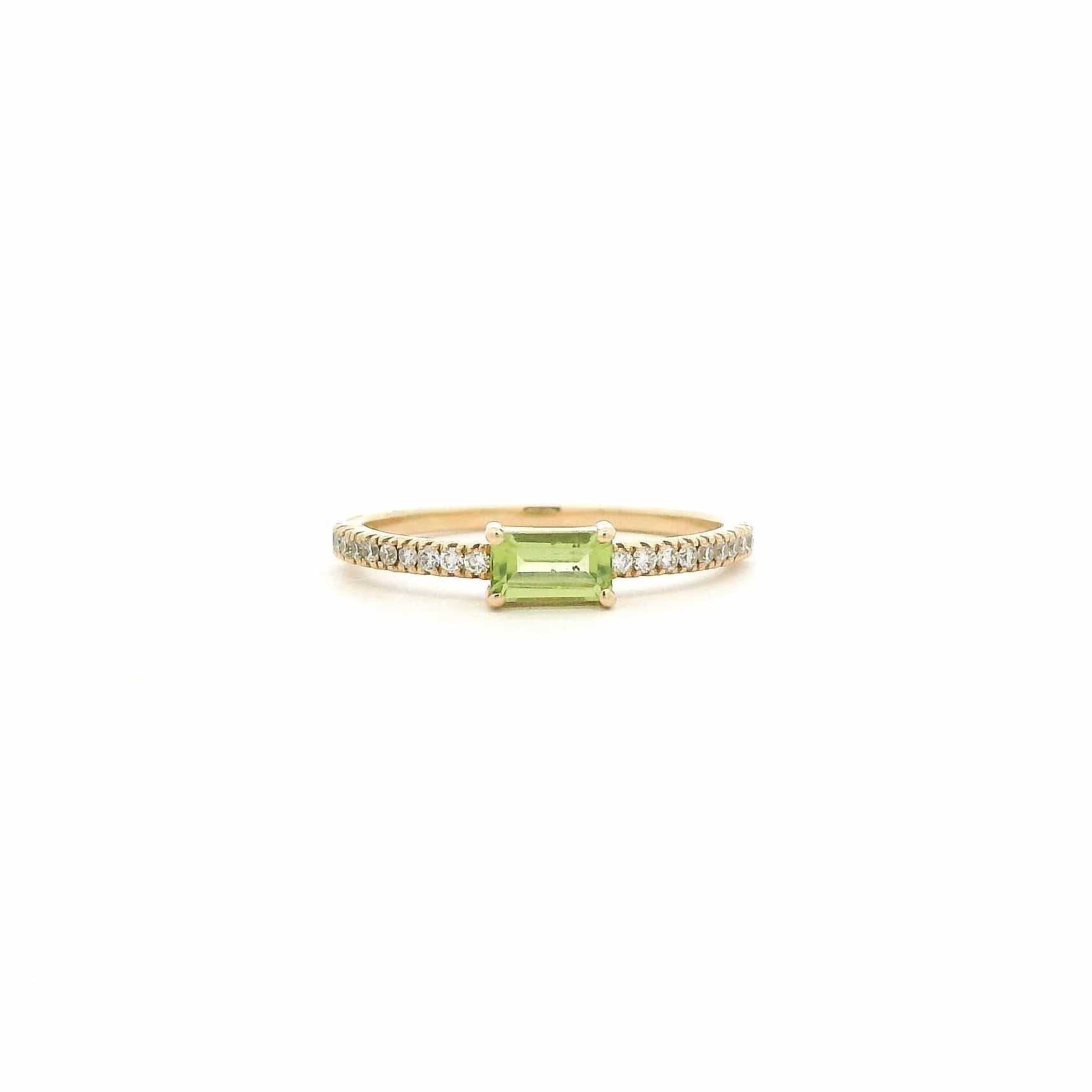 Rings 6" / Yellow Gold / Peridot 14K Gold Babycake East West Colored Gemstone Baguette And Diamond Ring