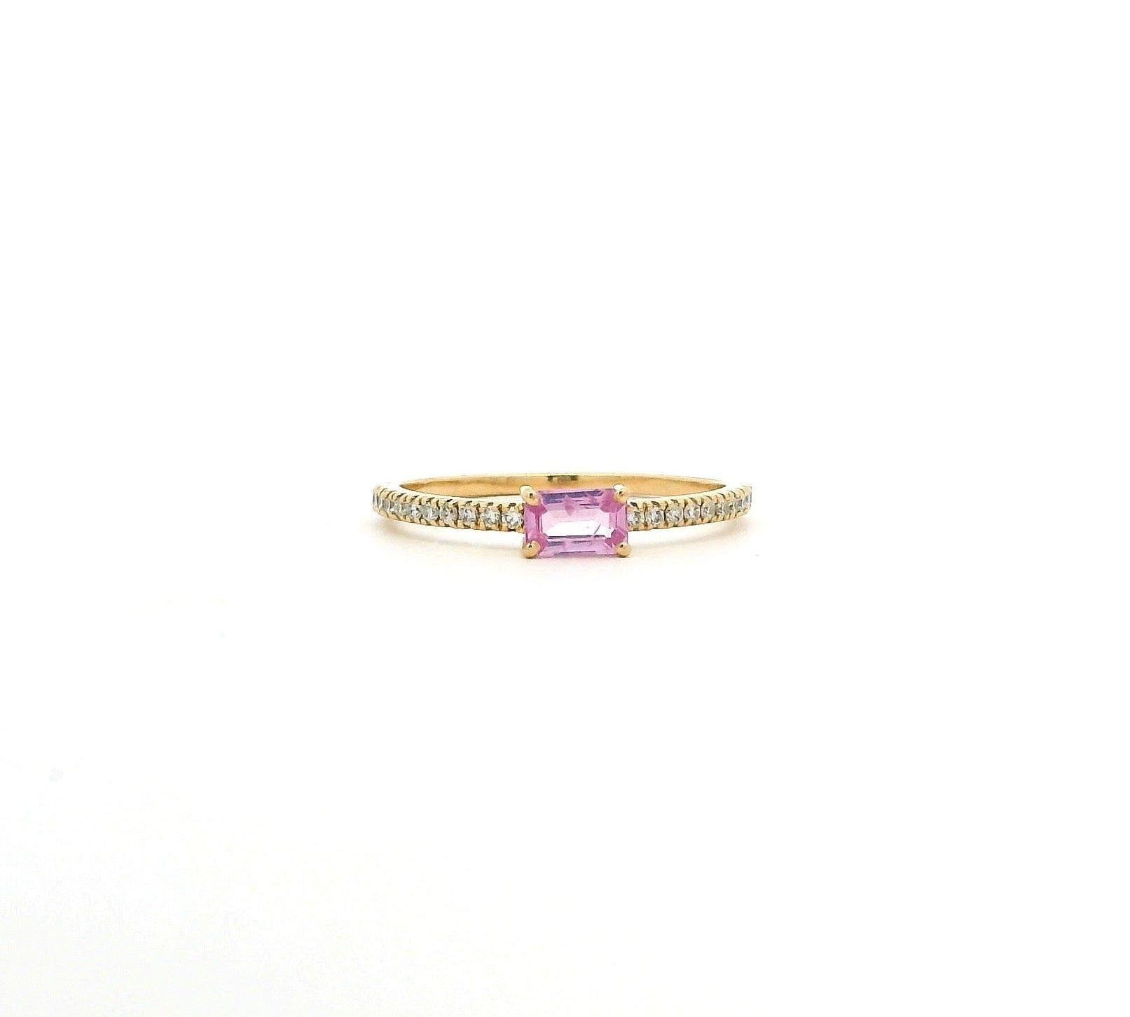 Rings 6" / Yellow Gold / Pink Sapphire 18K Gold Babycake East West Colored Gemstone Baguette And Diamond Ring