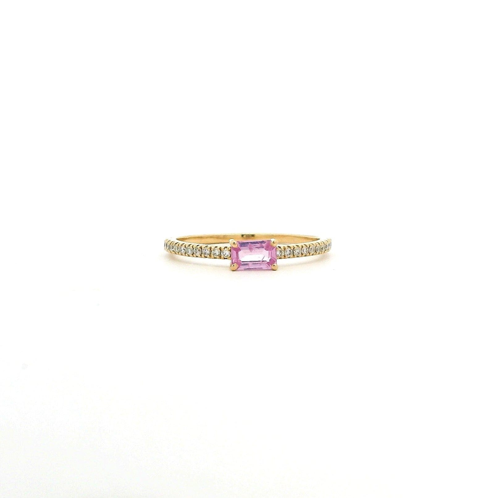 Rings 6" / Yellow Gold / Pink Sapphire 18K Gold Babycake East West Colored Gemstone Baguette And Diamond Ring