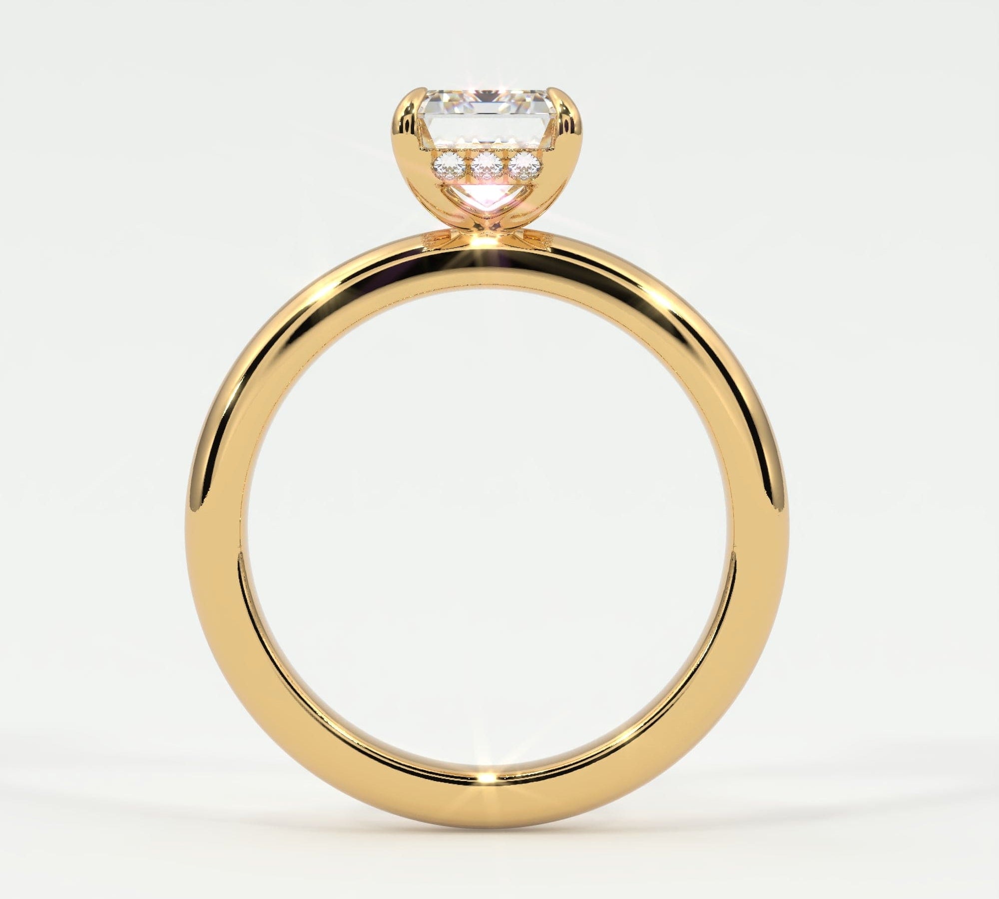 Rings Emerald Cut Pave Diamond Hidden Halo, Gold Band