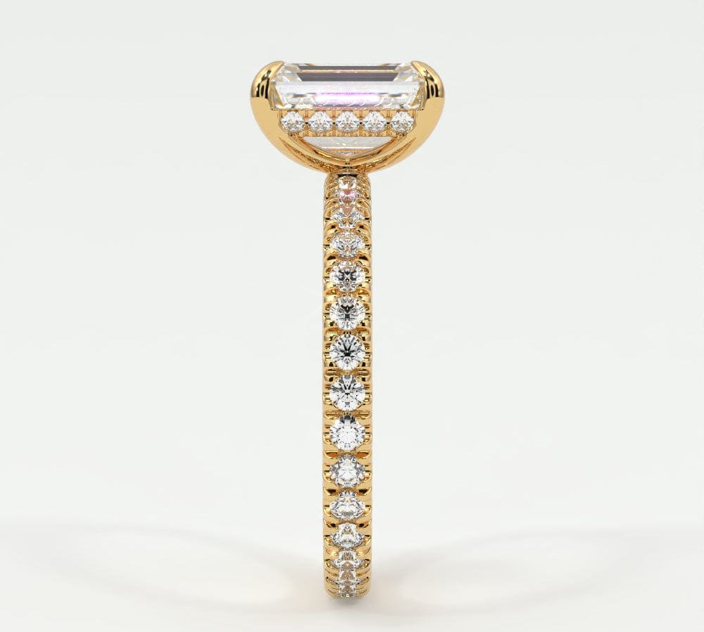 Rings Emerald Cut Pave Diamond Single Row, Hidden Halo