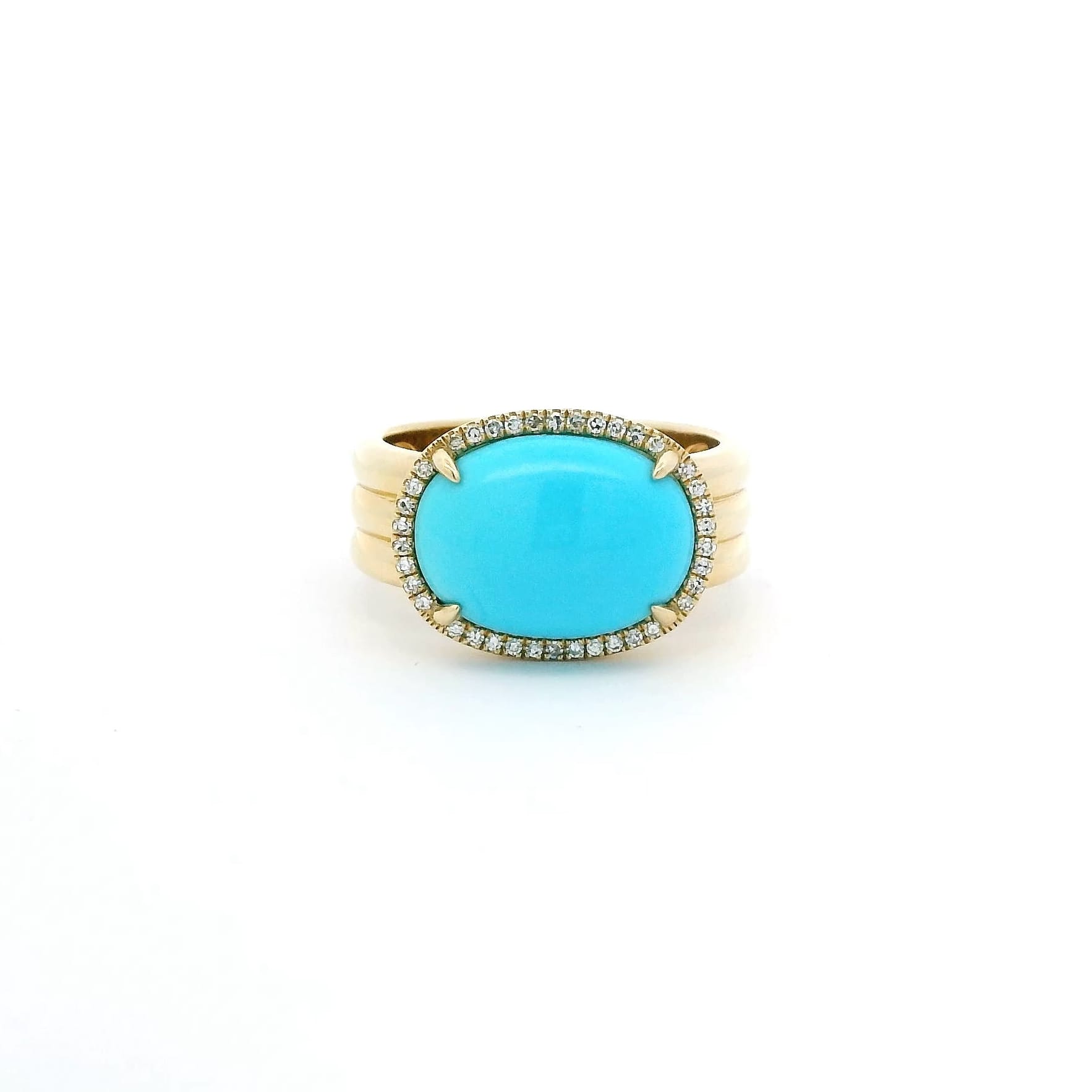 Rings Rose Gold 14K Gold Turquoise and Pave Diamond Ribbed Ring