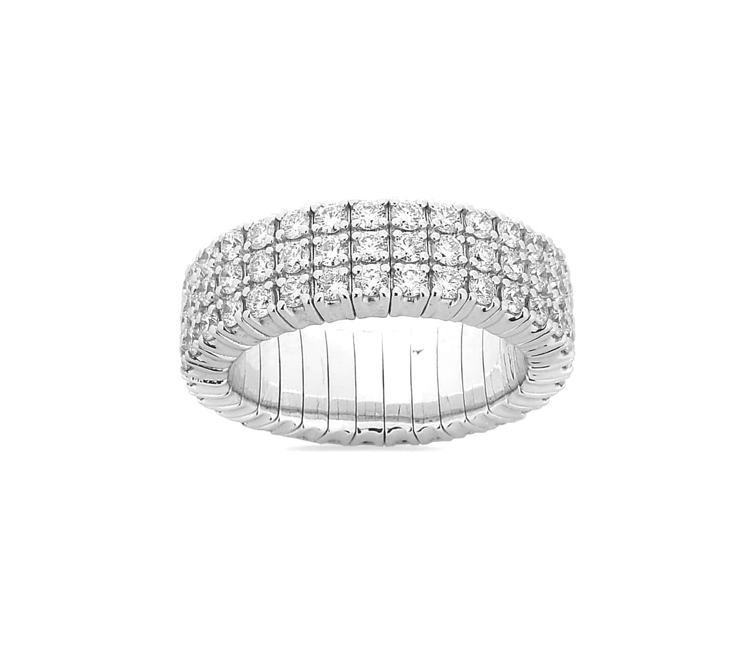 Rings XS:  size 4-7 / Yellow Gold / .6-.76 Carats Diamonds TW 18K Gold Stretch White Round Three Row Diamond Eternity Rings