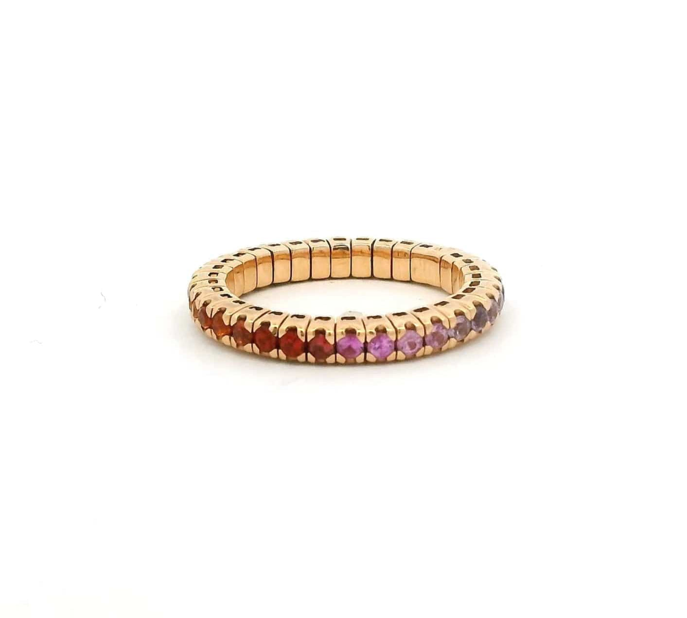 Rings XS:  size 4-7 / Yellow Gold / .6-.76 Carats Pink Sapphire TW 18K Gold Stretch Rainbow Sapphire Eternity Ring