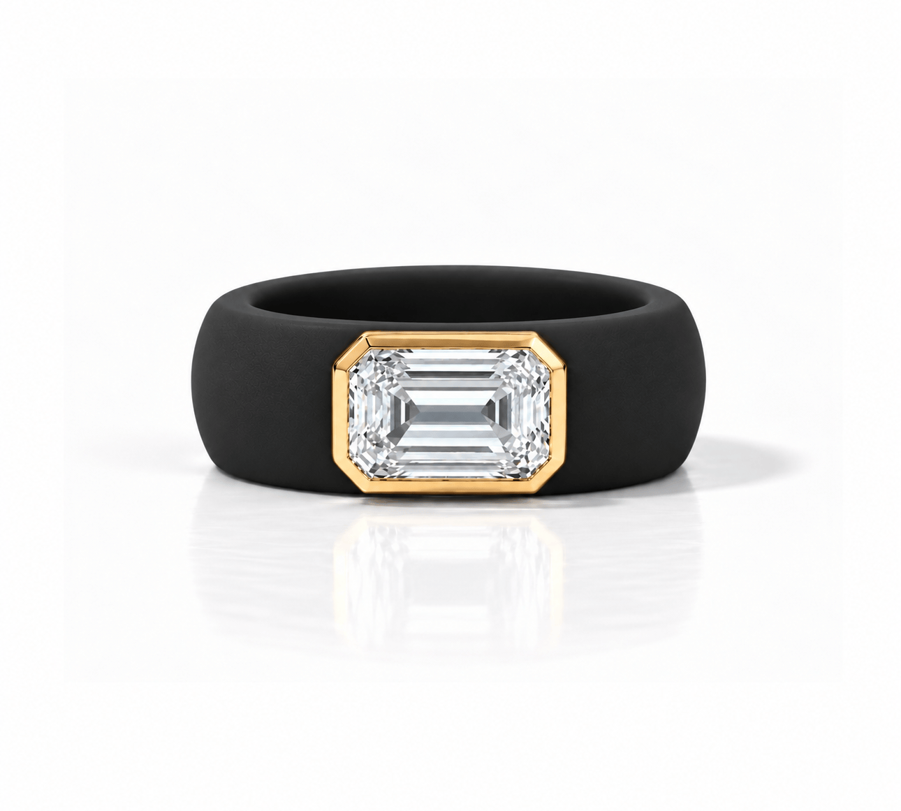 Rings Yellow / 4 / Black 14K gold Silicone Stretch Bezel Set Emerald Cut Diamond Ring, 3 ct